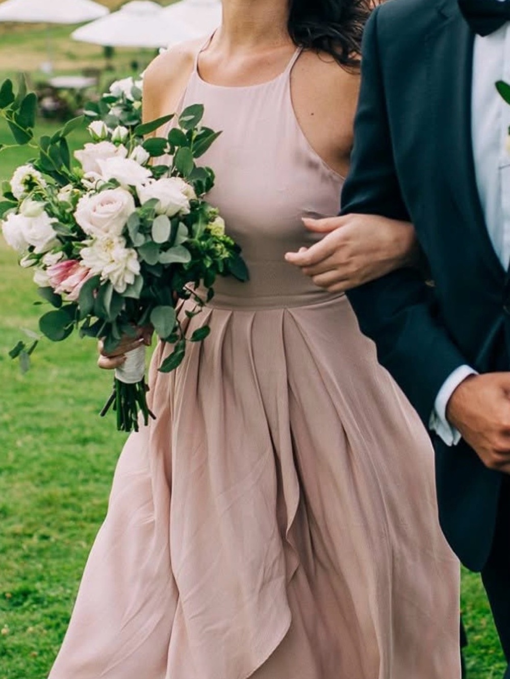 Sleeveless Blush Midi Dress with Draped Skirt